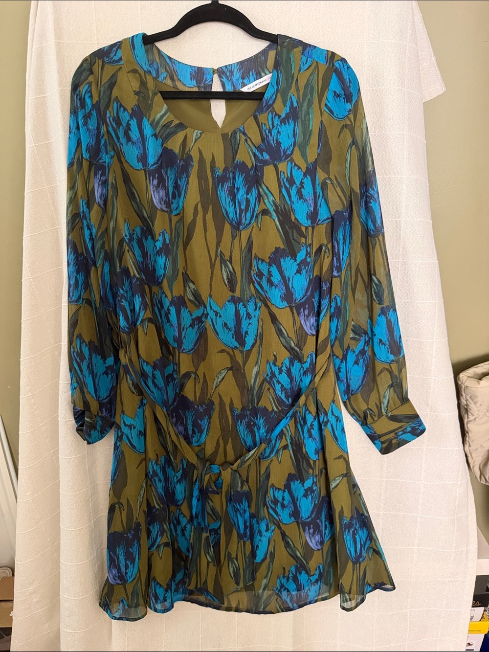 Isaac Mizrahi Olive Green Dress with Bright Blue Floral Print